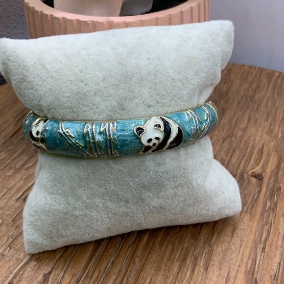 Cloisonne Vintage Blue Enamel Gold Tone Panda Hinged Bangle - Picture 2 of 6